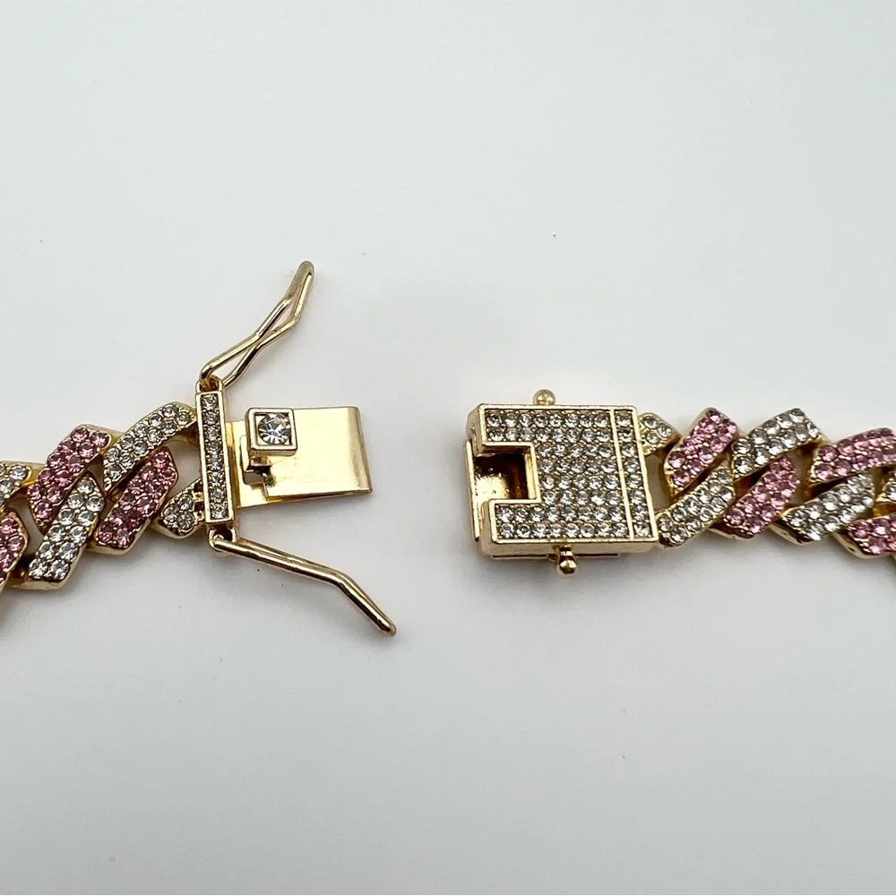Pink Gold Diamond Bling Cuban Chain Dog Necklace 20 inches